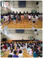 ２学期始業式今日から２学期が始まりました。始業式のあと、理事長先生からお話があり、園長先生と中川先生とのお別れ会をみんなでしました。