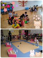 年少・Oくみ・ルンルンクラスみんなが楽しみに待っていたわくわくキッズがありました🎵ブロックコーナーやボーリングコーナーで楽しく遊びましたよ☺️他にも、ぬり絵や輪投げのコーナーも大人気でした！
