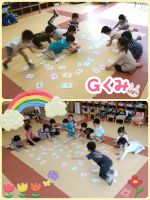 Ｇくみ朝帰りの活動でひらがなカードを使ったかるたをしています！「ひらがなカードやりたい！」と子どもたちから声が上がるほど夢中で取り組んでいます💕前よりもひらがながたくさん読めるようになってきましたよ🥳✨