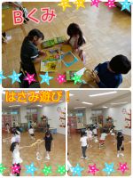 Ｂくみはさみ遊びでぐるぐるを作りました！途中で破れないように慎重に切り進めて、可愛くデコレーションしていました😀広いお部屋に移動してぐるぐる回ったり走ったりして遊びましたよ！