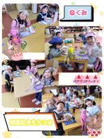 Ｇくみ今日は、開園記念もちつきがありました✨幼稚園の４２歳のお誕生日をみんなでお祝いしましたよ☺💕みんなでエプロンと三角巾をつけてお昼ご飯を食べました！おもちつきもご飯もとっても楽しんでいました🎶
